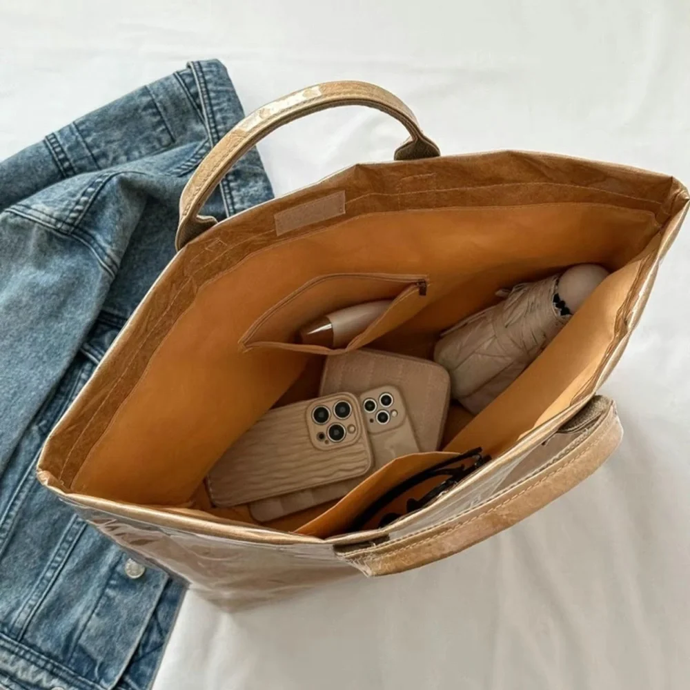 Tan Brown Tear Resistant Paper Tote Bag Large Lightweight Brand New‎